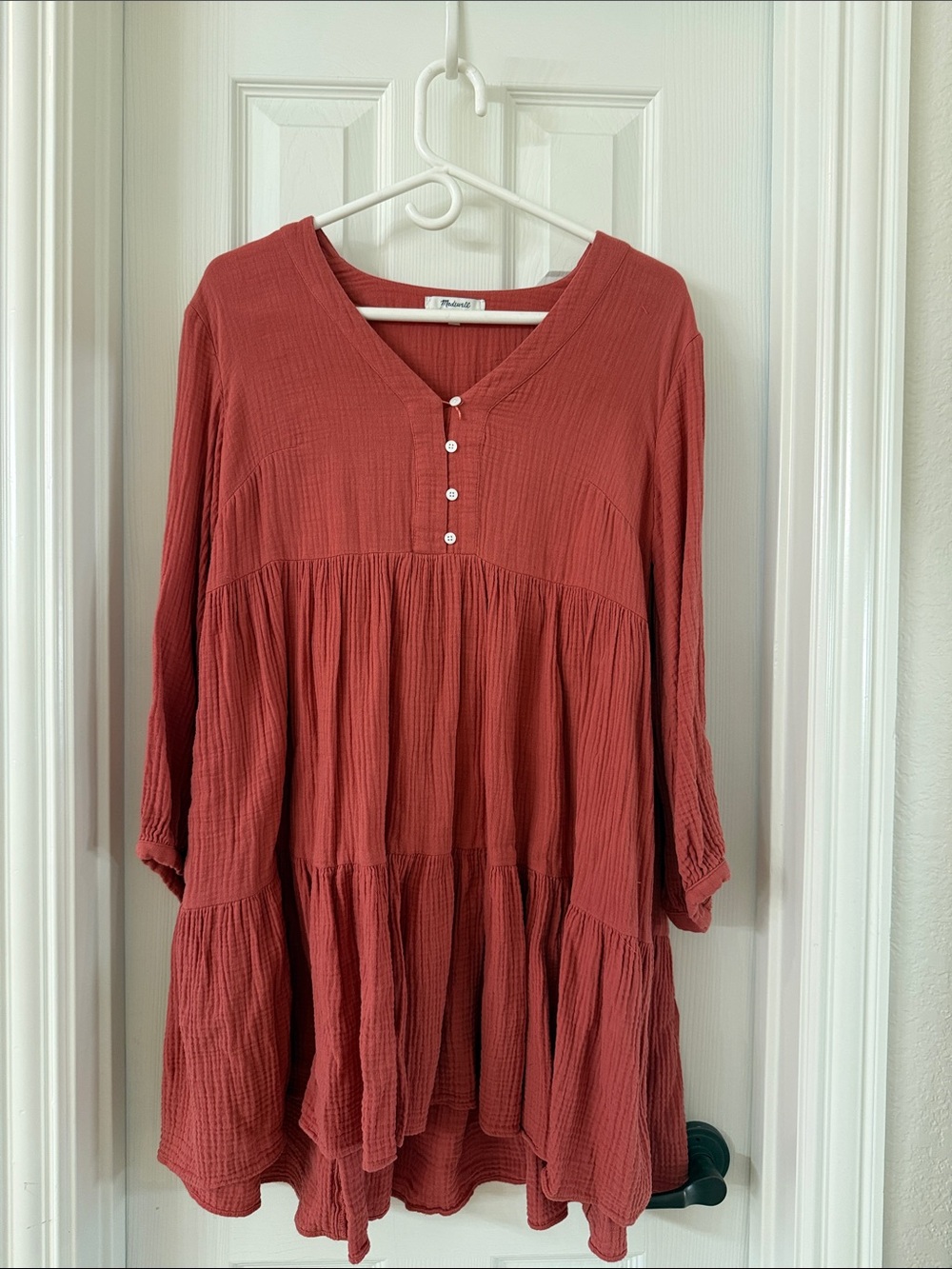 Madewell Rust Red Button V-Neck Tiered Tunic